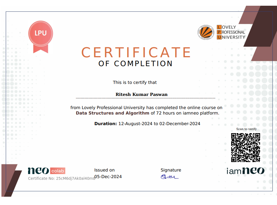 Data Structures and Algorithms - Certificate of Completion