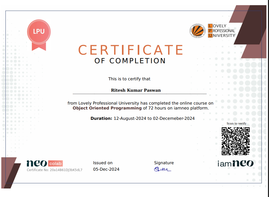 Object-Oriented Programming - Certificate of Completion