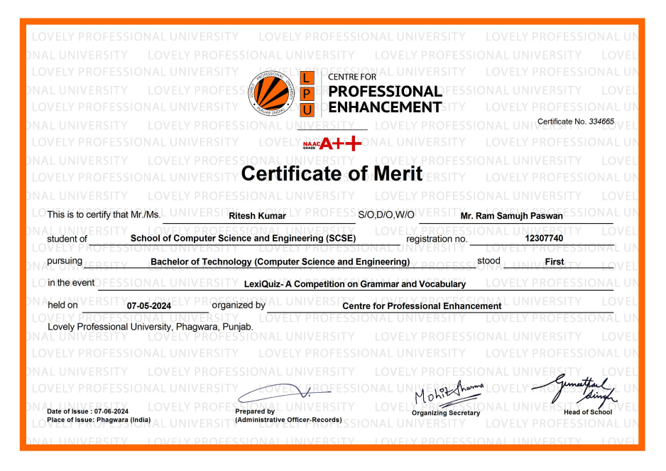 Certificate of Merit (LexiQuiz)